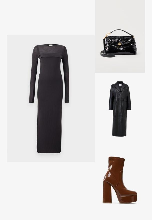 Zwarte leren jas met een lange silhouet, oversized reverskraag, vijf knopen en twee voorkruiszakken. Glad textuur en op maat gemaakt design.; Zwarte lange mouwen jurk met een getailleerde pasvorm, ronde halslijn en een doorzichtige horizontale strook over de borst. Zacht, lichtgewicht materiaal.; Bruine platform enkellaars van lakleer met blokhak en afgeronde neus, met een middenkuit hoogte en een gladde glanzende afwerking.; Zwarte tas met pailletten, gouden sluiting, korte handgreep en afneembare schouderriem, tegen een effen lichte achtergrond.