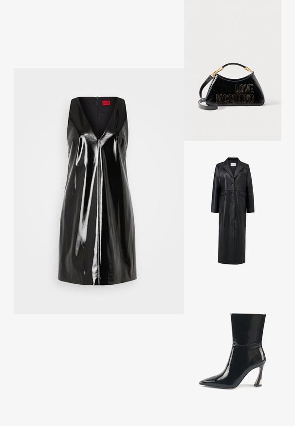 Zwarte leren jas met een lange silhouet, oversized reverskraag, vijf knopen en twee voorkruiszakken. Glad textuur en op maat gemaakt design.; Zwarte mouwloze jurk met een V-hals en glanzende, reflecterende afwerking; heeft een centrale ritssluiting en een minimalistisch design.; Zwarte gepatineerde leren enkellaars met een spitse neus, slanke schacht en geometrische hoge hakaccent. Vloeiende textuur en glanzende afwerking.; Zwarte handtas van lakleer met gouden beslag en "LOVE MOSCHINO" in reliëf en gouden letters aan de voorkant, voorzien van een bovenhengsel en schouderbanden.