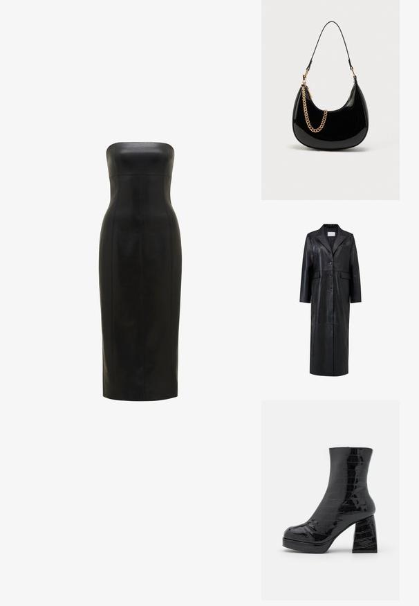 Sort læderfrakke med lang silhuet, oversized reverskrave, fem knapper og to forlommer. Glat tekstur og skræddersyet design.; Sort, stropløs læderkjole med en tætsiddende silhuet, knælængde, glat overflade og lodrette sømme for definition.; Even&Odd Plateaustøvletter - black; Sort håndtaske i laklæder med en buet form, tynd skulderrem og en guldkæde som dekorativ detalje foran. Glat tekstur, minimalistisk design.