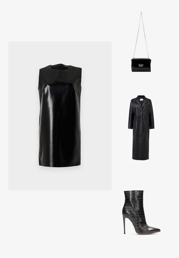 Zwarte leren jas met een lange silhouet, oversized reverskraag, vijf knopen en twee voorkruiszakken. Glad textuur en op maat gemaakt design.; Zwarte mouwloze jurk van glanzend materiaal, met een ronde halslijn, strakke lijnen en een rechte silhoët. Soepele textuur, zonder zichtbare hardware.; Zwarte leren enkelboots met een krokodillenstructuur, puntige neus en een hoge stilettohak, met een glanzende afwerking.; Zwarte gepatineerde leren handtas met een gouden schouderband, rechthoekige vorm, voorzien van een flapsluiting aan de voorkant en een metallic logo accent.