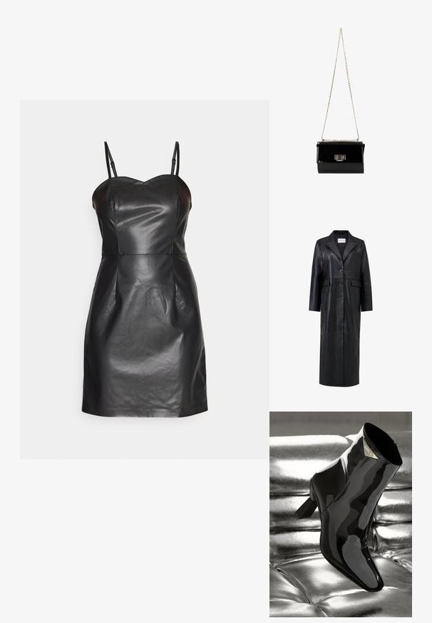Zwarte leren jas met een lange silhouet, oversized reverskraag, vijf knopen en twee voorkruiszakken. Glad textuur en op maat gemaakt design.; ONLY ONLDINA FAUX LEATHER DRESS - Cocktailjurk - black; Zwarte laars van gepatenteerd leer met een spitse neus en vierkante hak. Voorzien van een gouden logo plate en een gladde, glanzende afwerking.; Zwarte gepatineerde leren handtas met een gouden schouderband, rechthoekige vorm, voorzien van een flapsluiting aan de voorkant en een metallic logo accent.