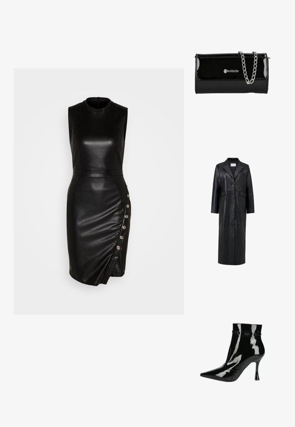 Sort læderfrakke med lang silhuet, oversized reverskrave, fem knapper og to forlommer. Glat tekstur og skræddersyet design.; Sort læder udenærmet kjole med høj halsudskæring, tætsiddende silhuet, asymmetrisk kant og dekorative knapper langs sidesømmen.; Sorte patentlæder ankelstøvler med spids tå, blank finish, strømlinet design og en smal stilettohæl. Dekorative stropper som detalje.; Sort patent imiteret læder clutch med en sølv kædedyse, der har en flap lukning og logo detalje på fronten. Firkantet form.