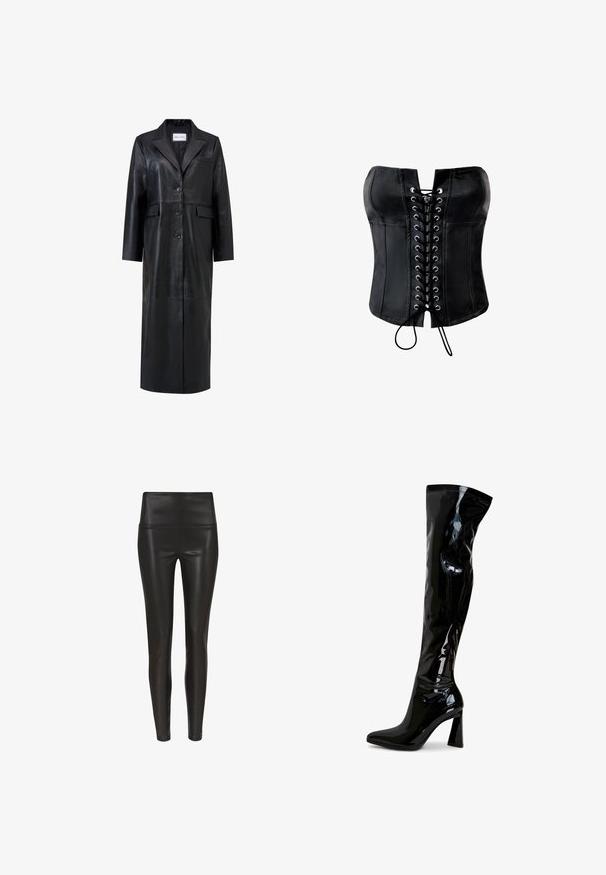 Sort læderfrakke med lang silhuet, oversized reverskrave, fem knapper og to forlommer. Glat tekstur og skræddersyet design.; Sort satin-corset med en struktureret form, snørelukning foran med sølvøjer og en glat finish. Har en lige, stropløs halsudskæring.; Højtaljede sorte leggings i kunstlæder med en glat, blank finish og en tætsiddende silhuet, der snævrer ind ved anklen. Ingen synlige sømme.; Sorte laklæderstøvler, der går til låret, med spids snude, firkantet blokhæl og glat, blank tekstur. Ingen synligt hardware.