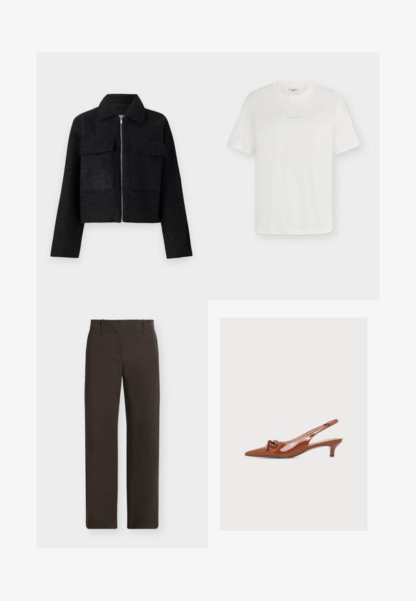 Veste noire cropped en tissu texturé, avec une fermeture éclair, un col et deux poches avant. Design simple sans motifs.; T-shirt blanc à manches courtes et col rond avec un petit texte bleu clair "marcopeddenim" centré sur la poitrine, fond uni.; Pantalon droit marron foncé avec passants pour ceinture et poches avant, présenté à plat sur un fond clair.; Chaussure à talon kitten en cuir verni marron avec bride arrière, bout pointu et petit détail nœud sur fond uni.