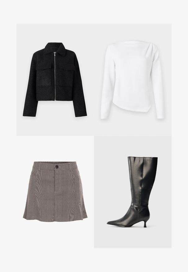 Veste noire cropped en tissu texturé, avec une fermeture éclair, un col et deux poches avant. Design simple sans motifs.; Blouse blanche à manches longues avec encolure bateau et ourlet légèrement asymétrique, présentée sur un fond clair uni.; Jupe à carreaux noir et blanc, fabriquée en tissu léger, dotée d'une ceinture avec un bouton et d'un design plissé pour plus de détails.; Botte en cuir noire montant jusqu'au genou, avec un bout pointu et un petit talon bas, présentée sur un fond clair uni.