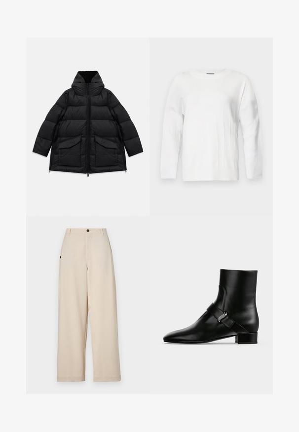 Manteau d'hiver matelassé noir avec col haut, fermeture éclair à l'avant, deux grandes poches à rabat et zips sur les côtés sur fond blanc.; Pull en tricot blanc avec un col rond, des manches longues et des accents côtelés. Présente un motif texturé subtil sur le tissu.; Pantalons à jambes larges beige en tissu doux, dotés d'une fermeture à bouton sur le devant, de poches latérales et d'une coupe décontractée.; Bottine noire en cuir avec un petit talon et une bride latérale avec une boucle argentée, présentée sur un fond uni gris clair.