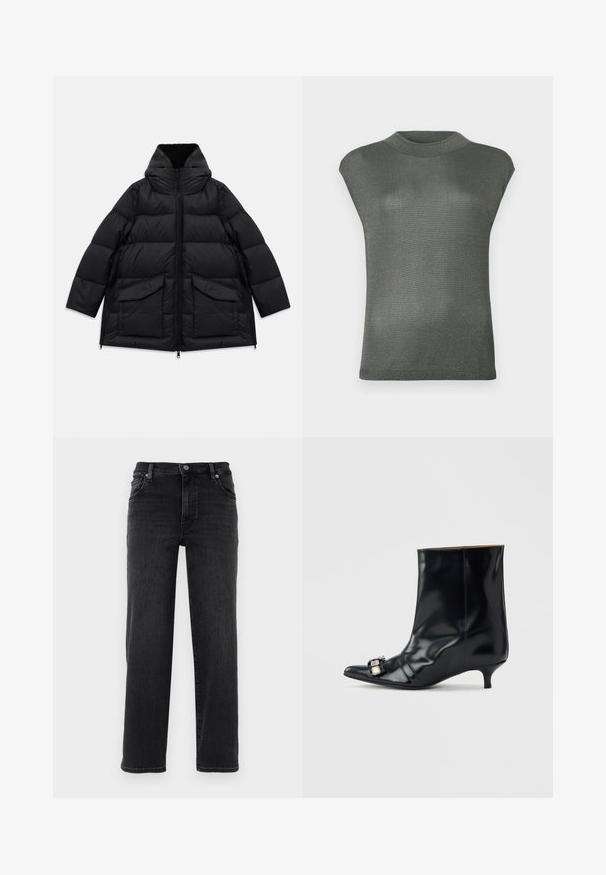 Manteau d'hiver matelassé noir avec col haut, fermeture éclair à l'avant, deux grandes poches à rabat et zips sur les côtés sur fond blanc.; Haut court à manches courtes, gris métallisé, avec un col haut. Fabriqué dans un matériau extensible et légèrement réfléchissant. Texture lisse et design ajusté.; Jean en denim noir avec une coupe droite. Comprend une fermeture à bouton, un design à cinq poches et des détails de couture minimes. Texture lisse.; Bottine en cuir noir avec bout pointu, petit talon kitten bas et boucle décorative en argent sur le côté près de l'orteil.