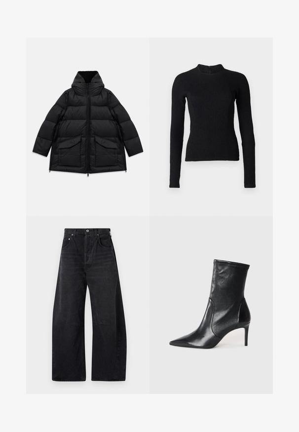 Manteau d'hiver matelassé noir avec col haut, fermeture éclair à l'avant, deux grandes poches à rabat et zips sur les côtés sur fond blanc.; Top noir à manches longues avec une coupe ajustée, en tissu texturé, et un col montant. Dispose d'une fermeture éclair dissimulée dans le dos.; Citizens of Humanity HORSESHOE - Jean boyfriend - black; Bottes noires à la cheville en cuir lisse, dotées d'un bout pointu, d'un tige ajustée et d'un talon haut fin. Design minimaliste sans quincaillerie visible.