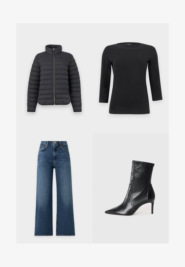 Veste matelassée noire en duvet avec col montant, fermeture éclair argentée à l'avant, manches longues et détails de couture horizontale.; Chemise noire à manches longues avec col rond, silhouette ajustée et texture de tissu lisse et unie.; Jean bleu taille haute à jambes larges avec bouton et fermeture éclair à l'avant, poches avant et détails légèrement délavés sur les cuisses et les genoux.; Bottes noires à la cheville en cuir lisse, dotées d'un bout pointu, d'un tige ajustée et d'un talon haut fin. Design minimaliste sans quincaillerie visible.