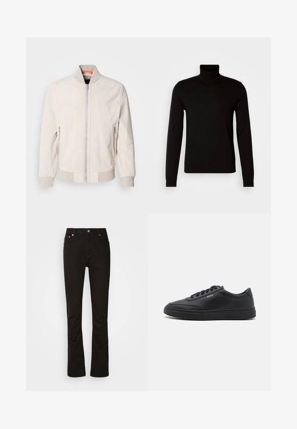 Chaqueta de cuero de color beige claro con cuello alzado, cierre con cremallera en el frente y dos bolsillos laterales con cremallera. Los puños y el dobladillo acanalados aportan textura.; Suéter negro de cuello alto confeccionado en un tejido de punto fino, con mangas largas y una silueta ajustada. Textura suave con puños acanalados.; Jeans de denim negro con diseño de pierna recta, que cuentan con bolsillos frontales, una cremallera y acentos de hardware plateado. Textura suave, sin patrones.; Zapatillas de cuero negro con una textura suave, punta redondeada, suela plana de goma y cordones a tono. Presentan el logotipo dorado "BOSS" en el lateral.