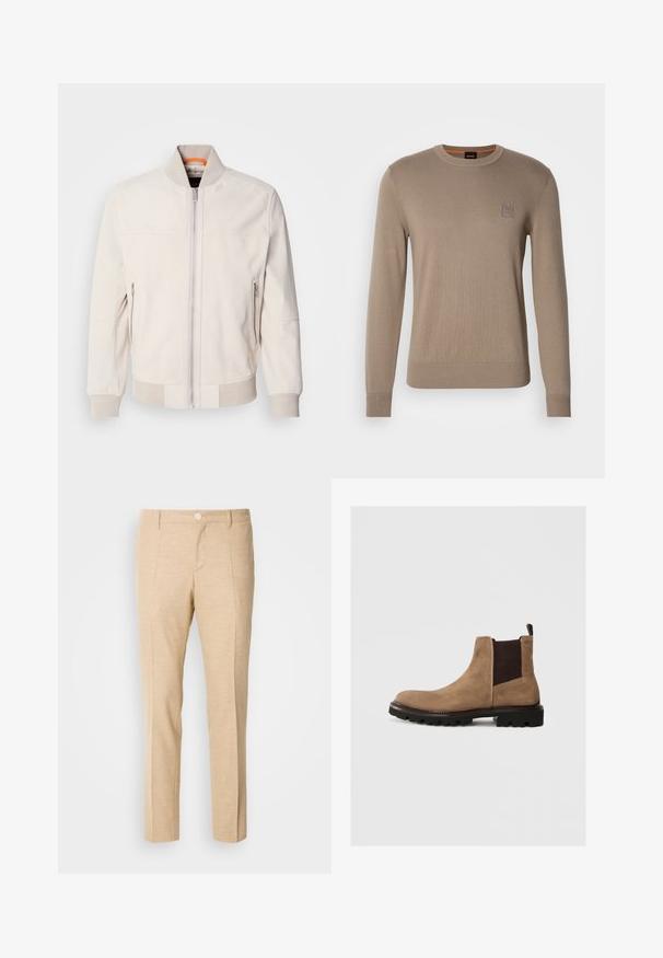 Lys beige læderjakke med ståkrave, front lynlås og to lynlåslommer på siden. Ribbet manchetter og kant tilføjer struktur.; Herrebeige crewneck sweater med lange ærmer, ribbede manchetter og kant, med et lille firkantet logo på brystet.; Beige skræddersyede bukser med en struktureret stof, lige ben-design, frontklapper og en enkelt knaplukning i taljen.; Brun ruskinds Chelsea-støvle med elastiske sidelapper, rund tå og robust sort sål. Har en trækflap bagpå for nem påtagning.