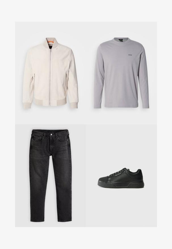 Lichtbeige leren jas met een staande kraag, vooraan met een ritsluiting en twee ritszakken aan de zijkant. Geribbelde manchetten en zoom voegen textuur toe.; Lichtgrijs katoenen t-shirt met lange mouwen, voorzien van een ronde hals en een klein zwart "BOSS" logo op de linkerborst.; Zwarte slim-fit spijkerbroek met vijf zakken, riemlussen en een vooraan geplaatste knoop- en ritssluiting, plat neergelegd op een lichte achtergrond.; Zwarte sneaker met een glad leren bovenkant, ronde neus en een gestructureerde rubberen zool. Voorzien van een vetersluiting en subtiele logo-details aan de zijkant.