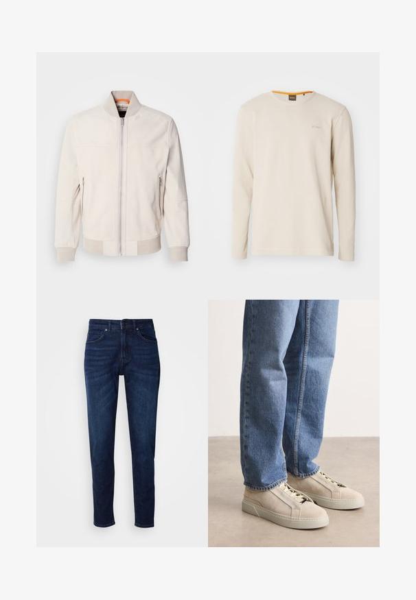 Helle beige Lederjacke mit Stehkragen, Frontreißverschluss und zwei seitlichen Reißverschlusstaschen. Gerippte Bündchen und Saum sorgen für Textur.; Helles beige Langarm-T-Shirt aus strukturiertem Stoff. Mit Rundhalsausschnitt und einem kleinen Logo auf der Brust, das einen orangefarbenen Akzent im Kragen aufweist.; Dunkelblaue Jeans aus Denim mit geradem Bein, ausgestattet mit Taschen und einem Knopfverschluss an der Taille. Weiche Textur, minimale Ausbleichungen.; BOSS GARYTENN_SDHDEL - Sneaker low - natural ten
