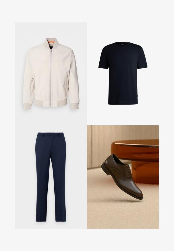 Lichtbeige leren jas met een staande kraag, vooraan met een ritsluiting en twee ritszakken aan de zijkant. Geribbelde manchetten en zoom voegen textuur toe.; Navyblauwe katoenen t-shirt met korte mouwen, ronde hals en een minimalistisch ontwerp. Beschikt over een logolabel aan de zoom.; Marineblauwe op maat gemaakte broek met riemlussen, vooraan ritssluiting en rechtlopende pasvorm tegen een effen witte achtergrond.; Bruine leren nette schoen met veters, zwevend boven een beige tapijt, met een ronde amberkleurige tafel op de achtergrond.