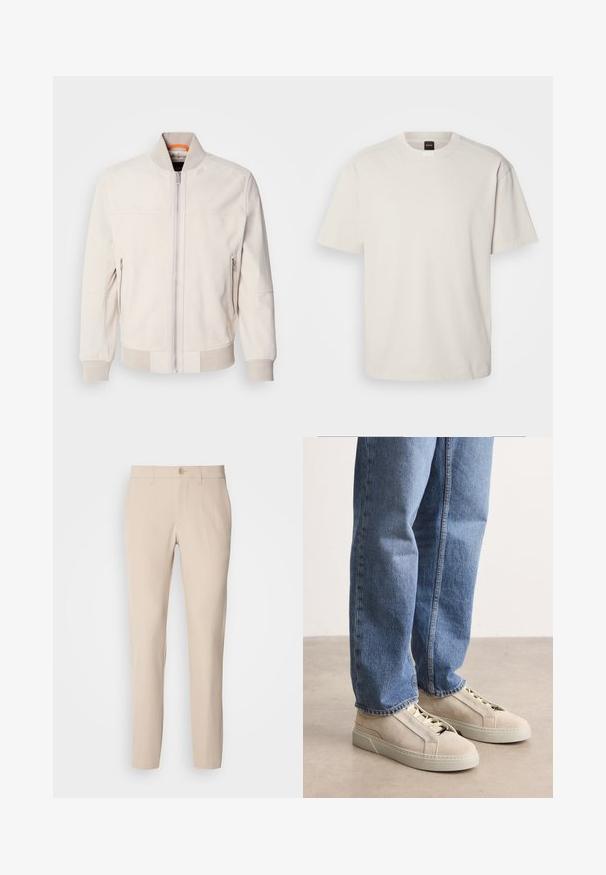 Lys beige læderjakke med ståkrave, front lynlås og to lynlåslommer på siden. Ribbet manchetter og kant tilføjer struktur.; Kortærmet, crew-neck t-shirt i off-white bomuld med lige snit og minimal branding på kraven. Blød tekstur, uden mønstre.; Beige bukser lavet af blødt stof, med knaplukning, lige snit og sidelommer. Glat tekstur med minimale syninger.; BOSS GARYTENN_SDHDEL - Sneakers - natural ten