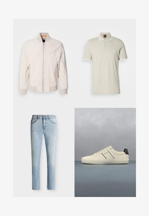 Lys beige læderjakke med ståkrave, front lynlås og to lynlåslommer på siden. Ribbet manchetter og kant tilføjer struktur.; Lysebeige poloshirt lavet af bomuld. Har en klassisk krave, to-knaps lukning og kontrasterende hvide manchetter. Indeholder et logoemblem.; Lyseblå slim-fit jeans med knap og lynlås foran, fem-lomme design og subtil falmning fra lår til knæ.; Cremefarvede sneakers med en glat tekstur, der har sorte accenter og branding. Klassisk snørebåndsdesign med rund tå og gummisål.