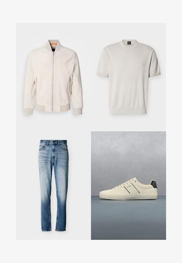Lichtbeige leren jas met een staande kraag, vooraan met een ritsluiting en twee ritszakken aan de zijkant. Geribbelde manchetten en zoom voegen textuur toe.; Beige trui met korte mouwen en ronde hals, ribgebreide zoom en manchetten, klein vierkant detail op de linkerborst en merkembleem in de nek.; Verbleekte blauwe jeans met rechte pijpen, vijf zakken, knoopsluiting en riemlussen, plat uitgestald op een witte achtergrond.; Crème-kleurige sneakers met een gladde textuur, voorzien van zwarte accenten en branding. Tijdloos vetersysteem met een ronde neus en rubberen zool.