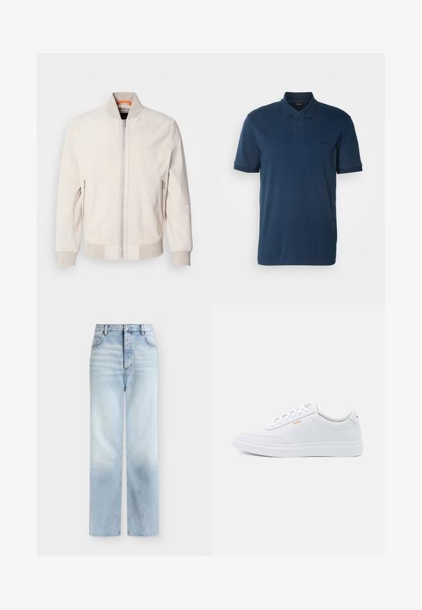 Helle beige Lederjacke mit Stehkragen, Frontreißverschluss und zwei seitlichen Reißverschlusstaschen. Gerippte Bündchen und Saum sorgen für Textur.; BOSS Poloshirt - open blue; Hellblaue, hoch taillierte Jeans mit geradem Bein, Fronttaschen, Gürtelschlaufen und einem Knopfverschluss.; Weiße Leder-Sneaker mit glatter Textur, runder Zehenpartie und tonal abgestepptem Design. Mit blauen Schnürsenkeln und einem goldenen Logo an der Seite.