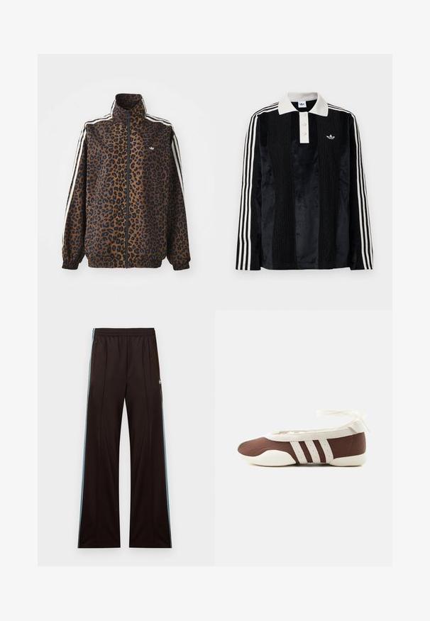 Jasje met luipaardprint in bruin en zwart, met witte zijstrepen, hoge kraag en elastische manchetten en zoom. Gemaakt van glad, synthetisch materiaal.; Zwarte fluwelen long-sleeve polo shirt met een witte geribbelde kraag, drie knopen, een textuur aan de voorkant en drie witte strepen op elke mouw.; Zwarte wijde broekspijpen trainingsbroek met lichtblauwe zijstrepen, elastische tailleband, met rits afsluitbare zakken en Adidas-logo op de linkerheup.; Bruine en witte ballerinaschoenen met drie witte strepen en een strik om de enkel op een effen lichte achtergrond.
