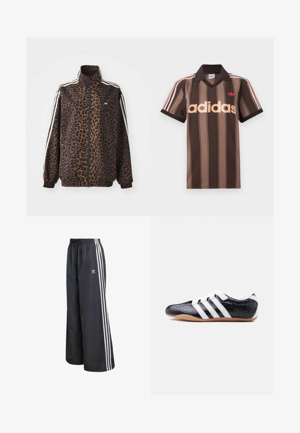 Veste zippée imprimée léopard en marron et noir, avec des rayures blanches sur les côtés, un col montant et des poignets et un ourlet élastiques. Matière synthétique lisse.; Polo Adidas rayé marron avec col en V, col bordeaux, et logo rouge. Comprend des rayures blanches et rouges sur les épaules, manches courtes.; Pantalon de sport noir en matière légère, avec trois bandes blanches verticales et une taille élastique munie d'un cordon de serrage.; Baskets noires avec des bandes blanches et des bandes auto-agrippantes, surface texturée et semelle en caoutchouc gomme, vues de côté sur fond blanc.
