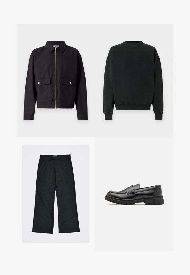 Veste noire avec fermeture éclair à l'avant, col court et deux poches frontales. Le tissu semble lisse et résistant à l'eau. Design simple, sans motifs.; Sweat-shirt noir à manches longues, col rond et poignets côtelés. Tissu doux et texturé avec une coupe décontractée et sans logos ni embellissements visibles.; Pantalon large gris foncé en tissu texturé, avec deux poches avant et passants pour ceinture. L'étiquette indique "United Loneliness".; Mocassin en cuir noir avec une large sangle sur le devant, semelle en caoutchouc à épaisse rainure, et texture lisse. Design classique et élégant.