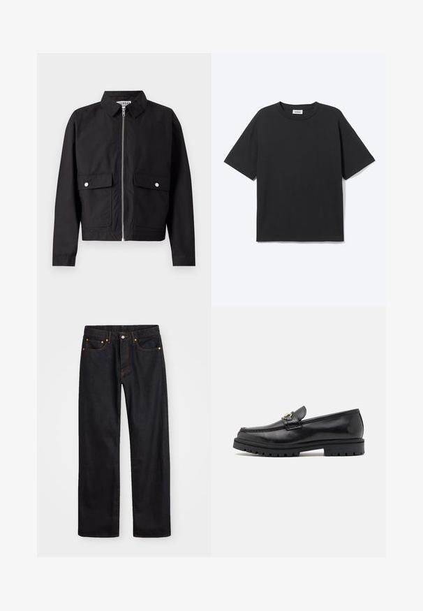Veste noire avec fermeture éclair à l'avant, col court et deux poches frontales. Le tissu semble lisse et résistant à l'eau. Design simple, sans motifs.; T-shirt noir à manches courtes avec col rond, coupe décontractée, vue de face, design uni et étiquette de la marque Weekday visible à l’intérieur du col.; Jean en denim noir pour hommes, coupe droite, avec cinq poches et surpiqûres orange, fermeture par bouton et zip à la taille avant.; Mocassins en cuir noir avec une finition lisse, bout rond, une sangle décorative avec des accessoires en or, et une semelle noire robuste.