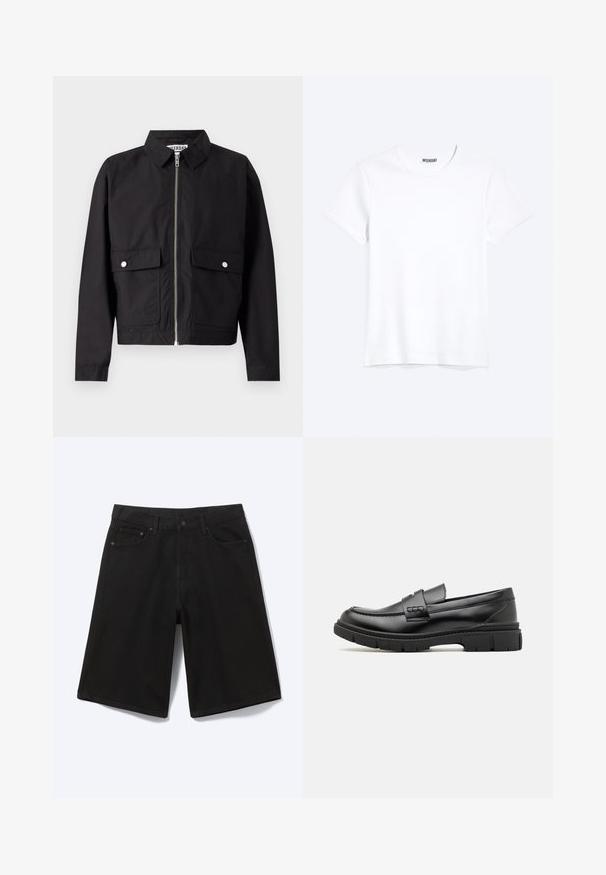 Veste noire avec fermeture éclair à l'avant, col court et deux poches frontales. Le tissu semble lisse et résistant à l'eau. Design simple, sans motifs.; T-shirt blanc uni à manches courtes et col rond avec une étiquette de la marque WEEKDAY visible au niveau du col, présenté sur un fond clair.; Short en jean noir longueur genou avec bouton à l'avant, passants de ceinture et cinq poches, présenté sur fond blanc.; Mocassin en cuir noir avec une large sangle sur le devant, semelle en caoutchouc à épaisse rainure, et texture lisse. Design classique et élégant.