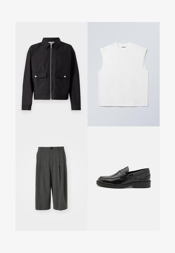 Veste noire avec fermeture éclair à l'avant, col court et deux poches frontales. Le tissu semble lisse et résistant à l'eau. Design simple, sans motifs.; Haut blanc sans manches en coton à col rond avec épaules structurées, marqué "WEEKDAY" sur l'étiquette du col, présenté sur un fond gris clair.; Shorts larges à rayures gris avec fermeture à bouton et plissé à l'avant. Fabriqués à partir d'un tissu texturé, présentant un design ajusté.; Mocassins en cuir noir avec une finition lisse, un bout rond, un petit talon et descoutures décoratives à l'avant. Semelle en caoutchouc pour l'adhérence.