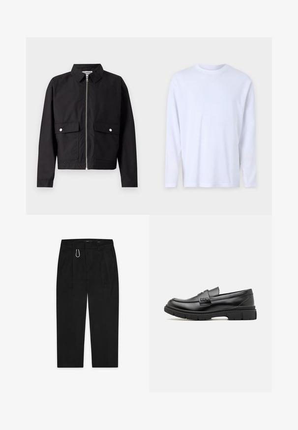 Veste noire avec fermeture éclair à l'avant, col court et deux poches frontales. Le tissu semble lisse et résistant à l'eau. Design simple, sans motifs.; T-shirt blanc à manches longues en coton doux, avec un col rond et des détails de couture subtils sur le devant et les épaules.; Pantalon noir à coupe droite, doté d'un clip en métal argenté et de deux poches latérales. Fabriqué en tissu lisse.; Mocassin en cuir noir avec une large sangle sur le devant, semelle en caoutchouc à épaisse rainure, et texture lisse. Design classique et élégant.
