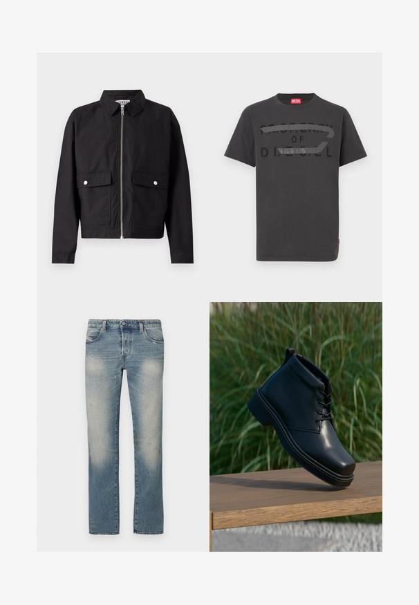 Veste noire avec fermeture éclair à l'avant, col court et deux poches frontales. Le tissu semble lisse et résistant à l'eau. Design simple, sans motifs.; T-shirt en coton gris avec un texte noir audacieux indiquant "PROPERTY OF D.I.E.S.E.L.", à la texture lisse et manches courtes.; Jean droit en denim bleu clair avec zones délavées, cinq poches et fermeture à bouton. Le tissu présente de légers effets d'usure et des marques d'usure.; Bottine noire en cuir avec une finition lisse, bout rond et talon marron contrasté. Les lacets et les détails de couture sont visibles.