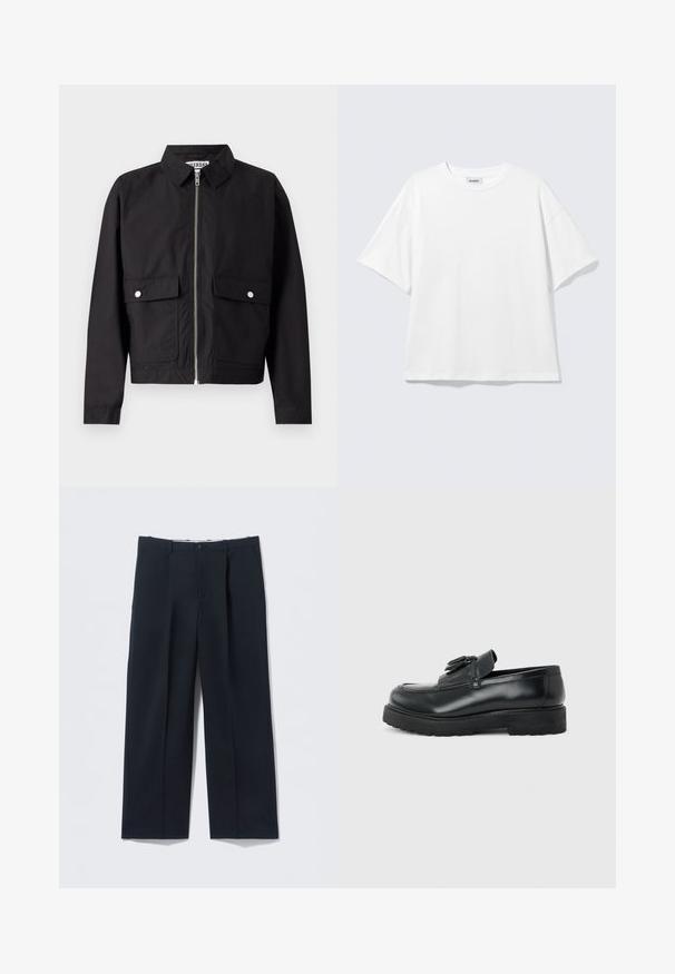 Veste noire avec fermeture éclair à l'avant, col court et deux poches frontales. Le tissu semble lisse et résistant à l'eau. Design simple, sans motifs.; T-shirt blanc oversize à manches courtes, col rond, épaules tombantes, posé à plat sur fond gris clair.; Pantalon bleu marine foncé en tissu lisse, avec une coupe ajustée, deux poches avant et une fermeture par bouton.; Mocassin en cuir noir avec pampilles, semelle épaisse en caoutchouc et talon bas, présenté de profil sur un fond uni.