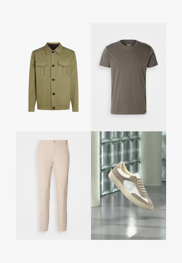 Olivegrüne Jacke aus glattem Stoff mit einem klassischen Kragen, zwei Brusttaschen und schwarzen Knöpfen auf der Vorderseite.; Mads Nørgaard THOR TEE - T-Shirt basic - beluga; Beige Hose aus weichem Stoff, mit Knopfverschluss, geradem Schnitt und seitlichen Taschen. Glatte Textur mit minimalen Nähdetails.; Beige und weiße Wildleder-Sneaker mit Schnürsenkeln und „BOSS“-Logo, schwebend über einem polierten Betonboden mit Glasbausteinwänden im Hintergrund.