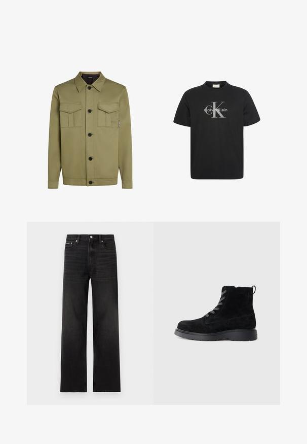 Olivegrüne Jacke aus glattem Stoff mit einem klassischen Kragen, zwei Brusttaschen und schwarzen Knöpfen auf der Vorderseite.; Schwarzes Kurzarm-T-Shirt mit großem grauem "cK" Logo und weißem "Calvin Klein" Text, zentriert auf der Brust.; Schwarze Jeans mit geraden Beinen, fünf Taschen, Gürtelschlaufen und Knopfverschluss, auf weißem Hintergrund dargestellt.; Schwarze Wildleder-Stiefeletten mit einer strukturierten Oberfläche, runder Zehenpartie, grauen Schnürsenkeln und einer stabilen schwarzen Sohle. Verfügt über eine kleine Zuglasche an der Rückseite.