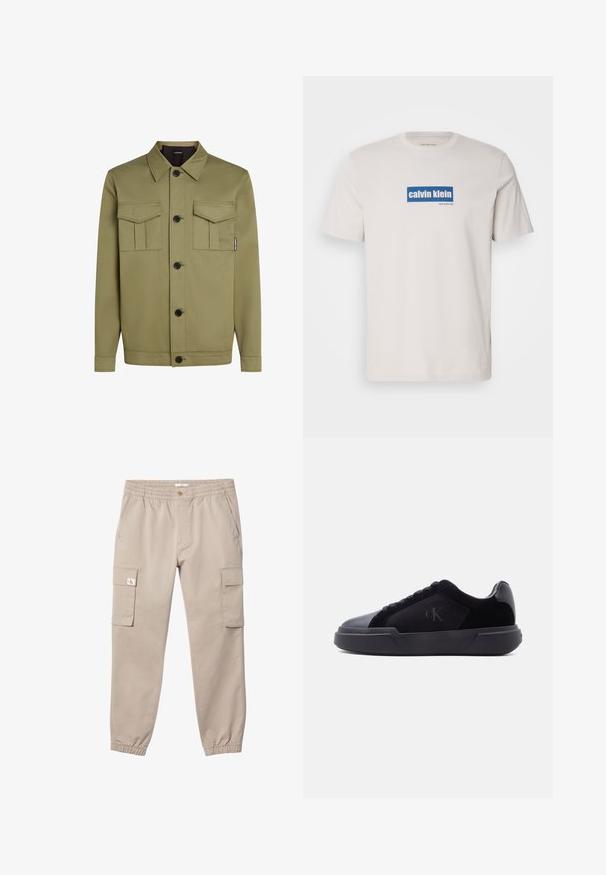 Olivengrøn jakke lavet af glat stof, med en klassisk krave, to brystlommer og sorte knapper foran.; Hvid bomulds T-shirt med et blåt rektangulært logo med "calvin klein" og "new york city" i hvid tekst på forsiden. Klassisk pasform.; Beige cargobukser med elastisk talje og manchetter, knaplukning, sidelommer og klaplommer på begge lår. Lille logo på venstre lommesklap.; Sort lav sko med tyk sål, snørebånd foran og diskret "cK"-logo på sidespanden.