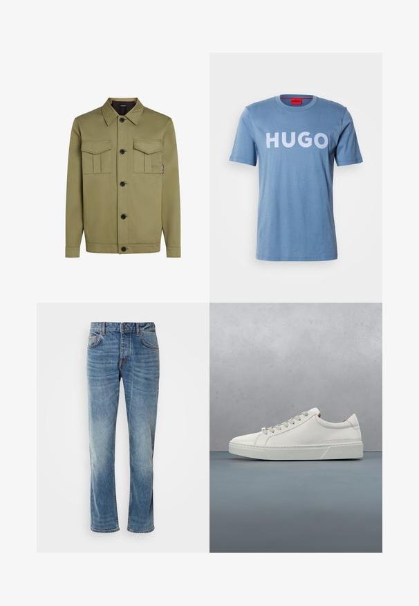 Olivegrüne Jacke aus glattem Stoff mit einem klassischen Kragen, zwei Brusttaschen und schwarzen Knöpfen auf der Vorderseite.; Helles blaues Baumwoll-T-Shirt mit kurzen Ärmeln, mit einem großen weißen "HUGO"-Logo auf der Vorderseite. Einfacher Rundhalsausschnitt, glatte Textur.; Helle blaue Jeans aus Denim mit geraden Beinen, fünf Taschen, kontrastierenden Nähten und einem abgewetzten Finish. Verfügt über einen Knopf- und Reißverschluss.; Weißes Leder-Sneaker mit abgerundetem Zehenbereich, minimalistisches Design, graue Schnürsenkel und einer strukturierten grauen Gummisohle. Dezente Nähte sichtbar.