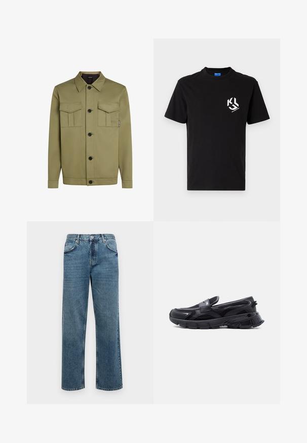 Olivegrüne Jacke aus glattem Stoff mit einem klassischen Kragen, zwei Brusttaschen und schwarzen Knöpfen auf der Vorderseite.; Schwarzes Baumwoll-T-Shirt mit einem weißen Grafikdesign auf der linken Brustseite. Rundhalsausschnitt, kurze Ärmel und klassischer Schnitt.; Blaue Jeans aus Denim mit geradem Schnitt, ausgestattet mit fünf Taschen, einem Knopf- und Reißverschluss sowie sichtbaren Nähten.; Schwarzer Slip-On-Sneaker mit dicker, strukturierter Sohle und Mesh-Einsätzen, entworfen für Freizeit- und Sportkleidung.