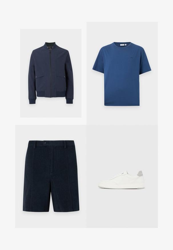 Veste bomber bleu marine avec fermeture éclair à l'avant, col, poignets, ourlet côtelés et deux poches à rabat avec boutons pression.; T-shirt bleu uni à manches courtes et col rond avec petit logo ton sur ton sur le côté gauche de la poitrine, présenté sur un fond blanc.; Short bleu marine taillé avec passants de ceinture, fermeture à boutons devant et ourlet droit sur un fond uni.; Baskets basses blanches avec un onglet de talon gris, des lacets blancs et une semelle texturée, présentées sur un fond uni clair.