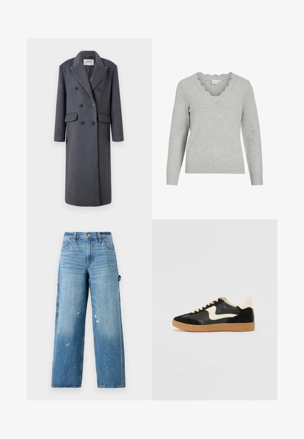 Replay JACKET - Manteau classique - dark gray; Pull gris clair à manches longues et décolleté en V. Présente des détails à bords festonnés et une texture tricot douce. Design minimaliste.; Jeans cargo en denim bleu clair à jambes larges, avec des sections décolorées et des éclaboussures de peinture. Comprend des poches latérales et une fermeture à bouton.; Baskets en daim et cuir noir avec un swoosh latéral crème et un talon crème clair. Dotées de lacets beige et d'une semelle en caoutchouc gomme.