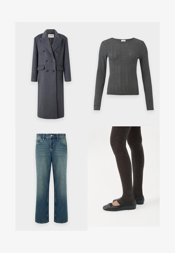 Replay JACKET - Manteau classique - dark gray; Haut ajusté à manches longues en tricot gris foncé avec des rayures verticales subtiles et un col rond. Texture douce avec un léger éclat dans le tissu.; Jean en denim bleu à coupe droite, taille mi-haute, cinq poches et légère décoloration. Fermeture par bouton et passants pour ceinture inclus.; Jambes portant des leggings côtelés foncés associés à des ballerines noires avec de petits détails en nœud sur fond blanc.