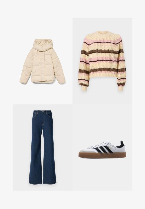 Beige dunjakke med høj krave og lynlås foran. Har quiltede sektioner og elastiske manchetter. Glat tekstur, letvægtsdesign.; Striktrøje med rund halsudskæring, prydet med vandrette striber i creme, pink og brun. Nedsatte skuldre og ribbede manchetter. Tekstureret finish.; Abercrombie & Fitch Jeans Relaxed Fit - rinse; Hvide lædersneakers med sorte striber, gummirubber sål, rund tå, snørelukning og blød grå ruskinds tåhætte.