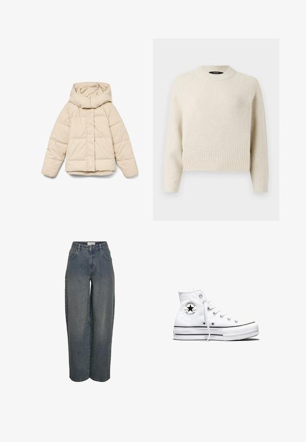 Beige dunjakke med høj krave og lynlås foran. Har quiltede sektioner og elastiske manchetter. Glat tekstur, letvægtsdesign.; Lys beige strikket sweater med ribkant og tekstureret krop. Har rund hals og lange ærmer med en afslappet pasform.; Bredde denimjeans i mørkeblå, lavet af tekstureret bomuldsstof. Har for- og baglommer samt en lynlås og knaplukning.; Hvid højtop Converse Chuck Taylor All Star-sneaker med sort logo-patch og hvide snørebånd, vist på hvid baggrund.