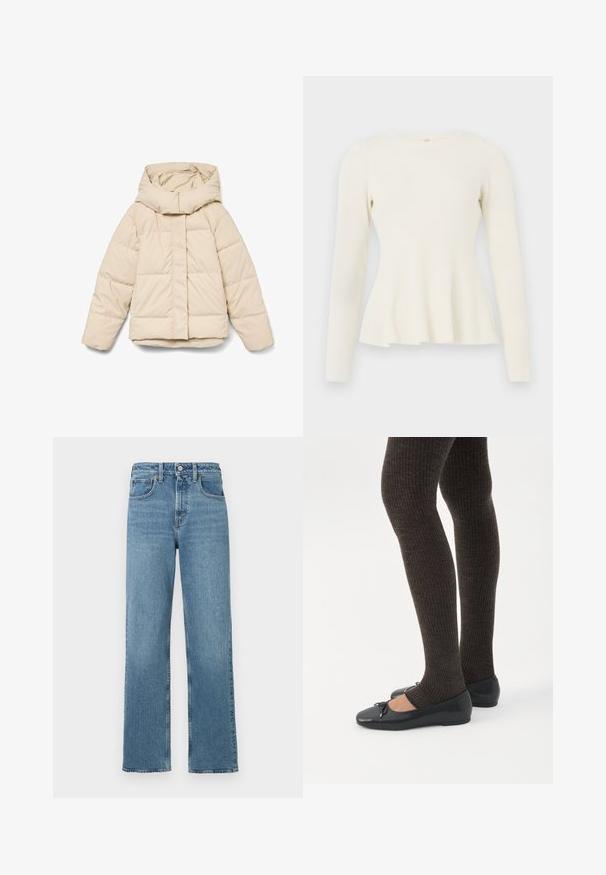 Beige dunjakke med høj krave og lynlås foran. Har quiltede sektioner og elastiske manchetter. Glat tekstur, letvægtsdesign.; Langærmet, ribbet striktop i off-white med rund halsudskæring og flared kant. Blød tekstur med en tætsiddende bodice og flydende bund.; Blå højtaljede lige ben denim jeans med forreste knap og lommer på en hvid baggrund.; Ben iført mørke ribbede leggings kombineret med sorte balletsko med små sløjfedetaljer på hvid baggrund.