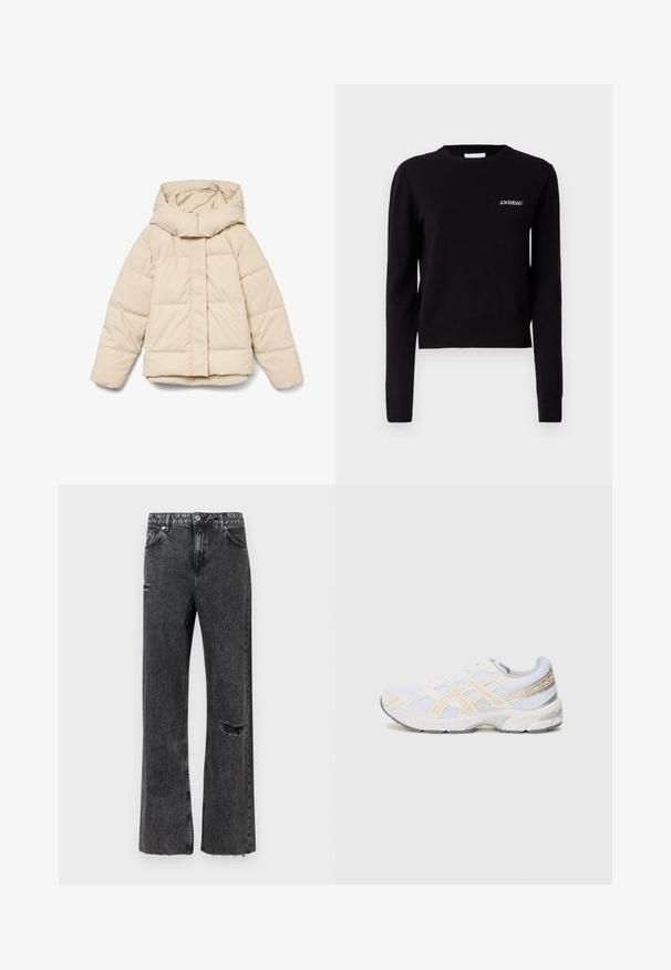Beige dunjakke med høj krave og lynlås foran. Har quiltede sektioner og elastiske manchetter. Glat tekstur, letvægtsdesign.; Sort striktrøje med rund halsudskæring, lange ærmer og ribbet kant. Har en lille hvid logo på brystet. Blød, glat tekstur.; Vidbenede jeans i vasket sort denim med detaljeret slid ved knæet, opskåret kant og standard knapgylp med lommer.; Hvide sportsko med mesh-materiale, med lys orange og grå accenter, en tekstureret sål og en polstret krave for komfort.