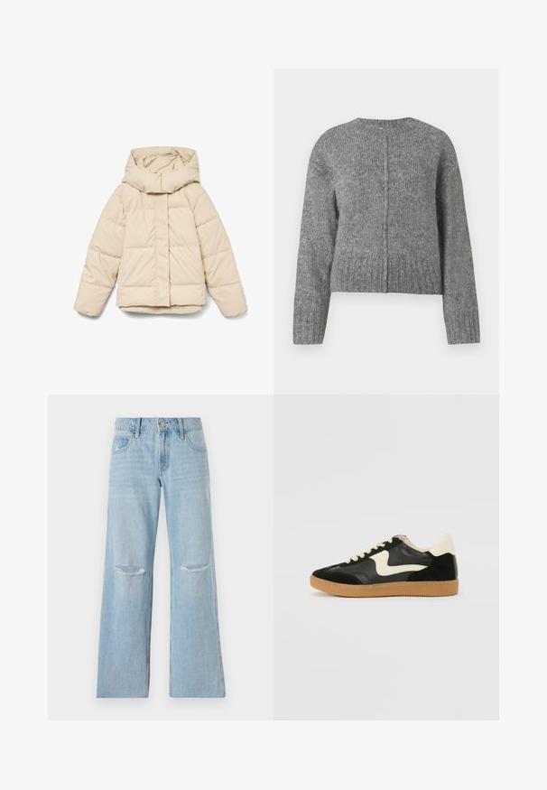 Beige dunjakke med høj krave og lynlås foran. Har quiltede sektioner og elastiske manchetter. Glat tekstur, letvægtsdesign.; Grå strikket sweater med lange ærmer og rund halsudskæring. Har et cropped design og lodret ribbet struktur. Ingen synlig hardware.; Lyseblå denimjeans med høj talje, bred benlængde og to riftskader ved knæene. Har bæltestropper og forlommer.; Sorte ruskinds- og lædersneakers med en cremefarvet side-swoosh og lys cremefarvet hæl. Har beige snørebånd og en gummirubber-sål.