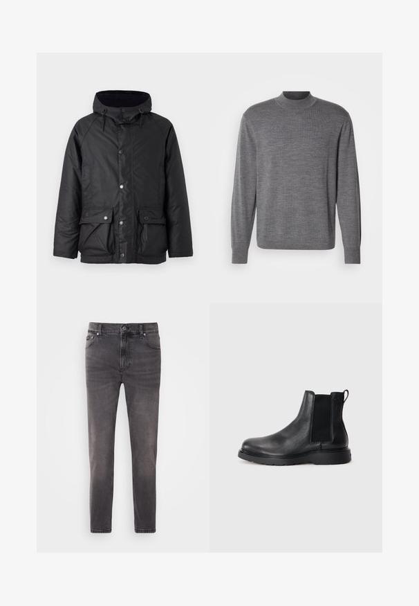 Barbour MODERN BEAUFORT JACKET - Winterjas - navy/midnight oak; Grijze lange mouw sweater gemaakt van gebreid materiaal, met een opstaande kraag en een subtiele logo op de borst. Gladde textuur en aansluitend ontwerp.; Grijze denim jeans met een slim fit ontwerp, vijf zakken, ritssluiting en knoopsluiting. Heeft subtiele vervaging en een soepele textuur.; Zwarte leren Chelsea boots met een gestructureerde afwerking, elastische zijpanelen en een stevige rubberen zool. Subtiele branding op de hiel.
