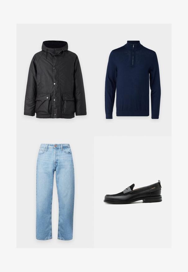 Barbour MODERN BEAUFORT JACKET - Kerge jope - navy/midnight oak; Tumesinine, pika varrukaga pullover neljanda osa lukuga kaelusega. Sile tekstuur, vormitud disain, minimaalne õmbluste detail ja nähtamatud logo puudumine.; Heledad sinised teksad sirge lõikega, viiega taskuga ja nööbiga kinni. Sile tekstuur ja minimaalne kulumine koos tikanditega.; Must nahast loafer halli rihma detailiga, madala kand ja tekstuurse tallaga, külgedel kuldse "HUGO" brändiga.