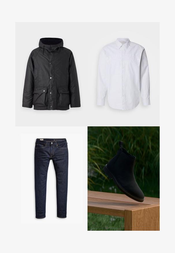 Barbour MODERN BEAUFORT JACKET - Kerge jope - navy/midnight oak; Valge pika varruga linane särk, millel on vertikaalsed sinised triibud, nupuga ees ja tõstetud "CALVIN KLEIN" logo rinna kohal.; Tumedast sinisest denimist kitsas lõikega teksad, millel on oranž õmblus, viie tasku disain ja metallist detailid. Sile tekstuur, mustriteta.; Mustad siledast nahast Chelsea saabas, millel on tõmblukk, ümara varbaosa, elastsed külgpaneelid ja madal konts. Kuvatud puidust pinnal.