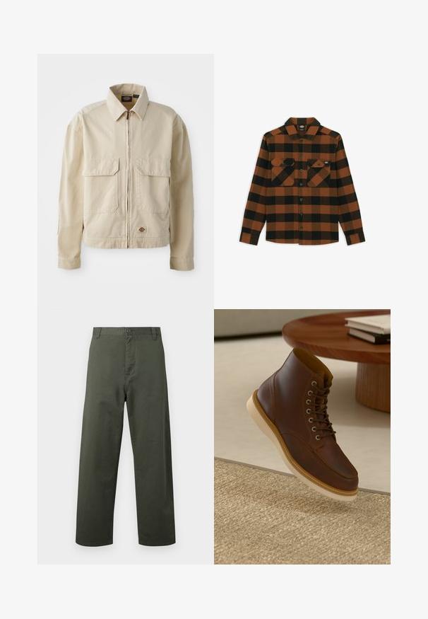 Beige, lichtgewicht jack met een rits aan de voorkant, twee borstzakken en een klein logo aan de onderrand. Gemaakt van duurzaam katoen.; Langarmshirt in een oranje en zwart geruit patroon, gemaakt van een gestructureerde stof. Heeft twee borstzakken en een knoopsluiting aan de voorkant.; Groene katoenen broek met een recht gesneden ontwerp, knoopsluiting aan de voorkant en zijzakken. Soepele textuur, eenvoudige stijl en geen zichtbare patronen.; Bruine leren enkelboot met beige zool op een gestructureerd beige vloerkleed naast een ronde houten tafel met opgestapelde boeken.