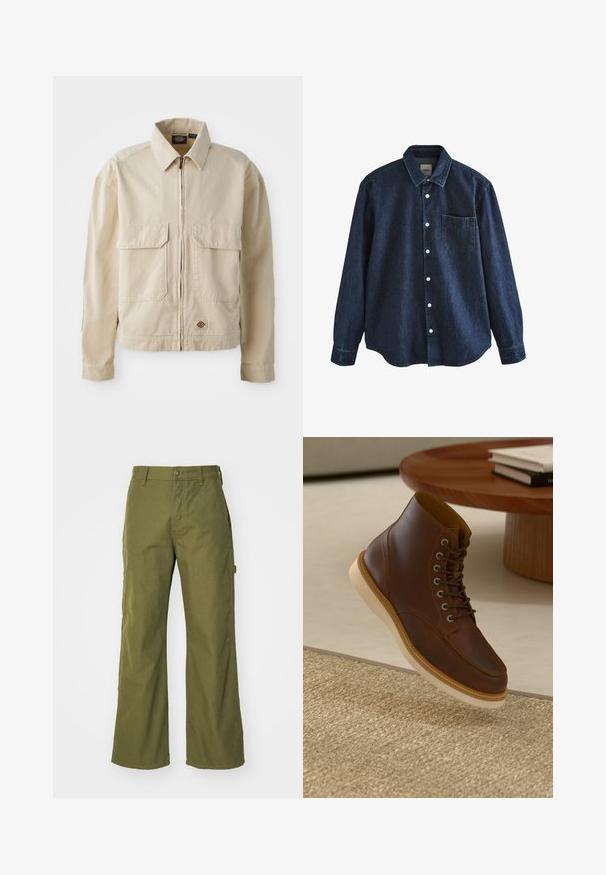 Beige, letvægtsjakke med lynlås foran, to brystlommer og et lille logo ved nederkanten. Lavet af slidstærk bomuldsstof.; Mørkeblå denim skjorte med lange ærmer, knapper foran, krave og en enkelt brystlomme, vist mod hvid baggrund.; Oliven grønne bukser med bred ben, lavet af slidstærkt stof, med knaplukning, sidelommer og lige kantdesign.; Brune læderankelstøvle med beige sål på et struktureret beige tæppe ved siden af et rundt træbord med stakke af bøger.