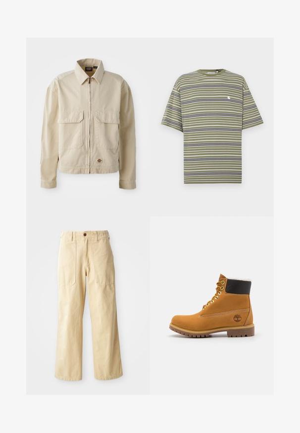 Beige, letvægtsjakke med lynlås foran, to brystlommer og et lille logo ved nederkanten. Lavet af slidstærk bomuldsstof.; Kortærmet t-shirt med striber i olivengrøn med vandrette hvide, marineblå og grå striber; har en lille hvid logo på brystet.; Beige brede benbukser lavet af bomuld. De har en høj talje, to forlommer med flad design og en enkelt knaplukning.; Brune læder ankelstøvle med metaløjer, hvid pelsforing, sort polstret krave, robust sål og præget logo på siden.
